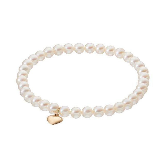 Freshwater Cultured Pearl 14k Gold Heart Charm Beaded Stretch Bracelet, Womens White Product Image