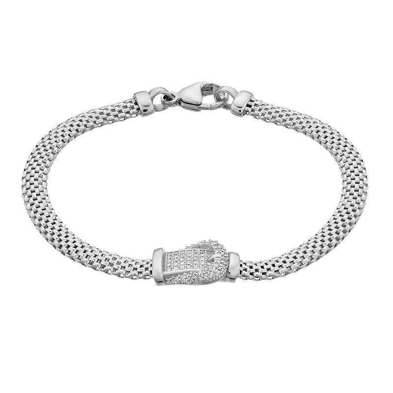 Sterling Silver Cubic Zirconia Belt Buckle Mesh Bracelet, Womens White Product Image