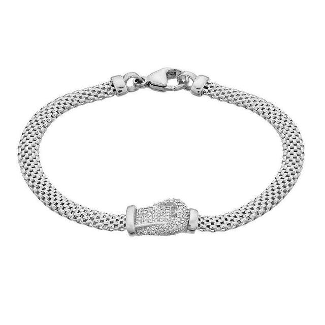 Sterling Silver Cubic Zirconia Belt Buckle Mesh Bracelet, Womens White Product Image