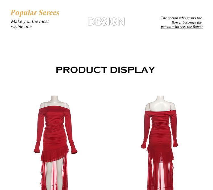 Long Sleeve Off Shoulder Plain Ruffle Asymmetrical High-Low Panel Mesh Sheath Dress Product Image