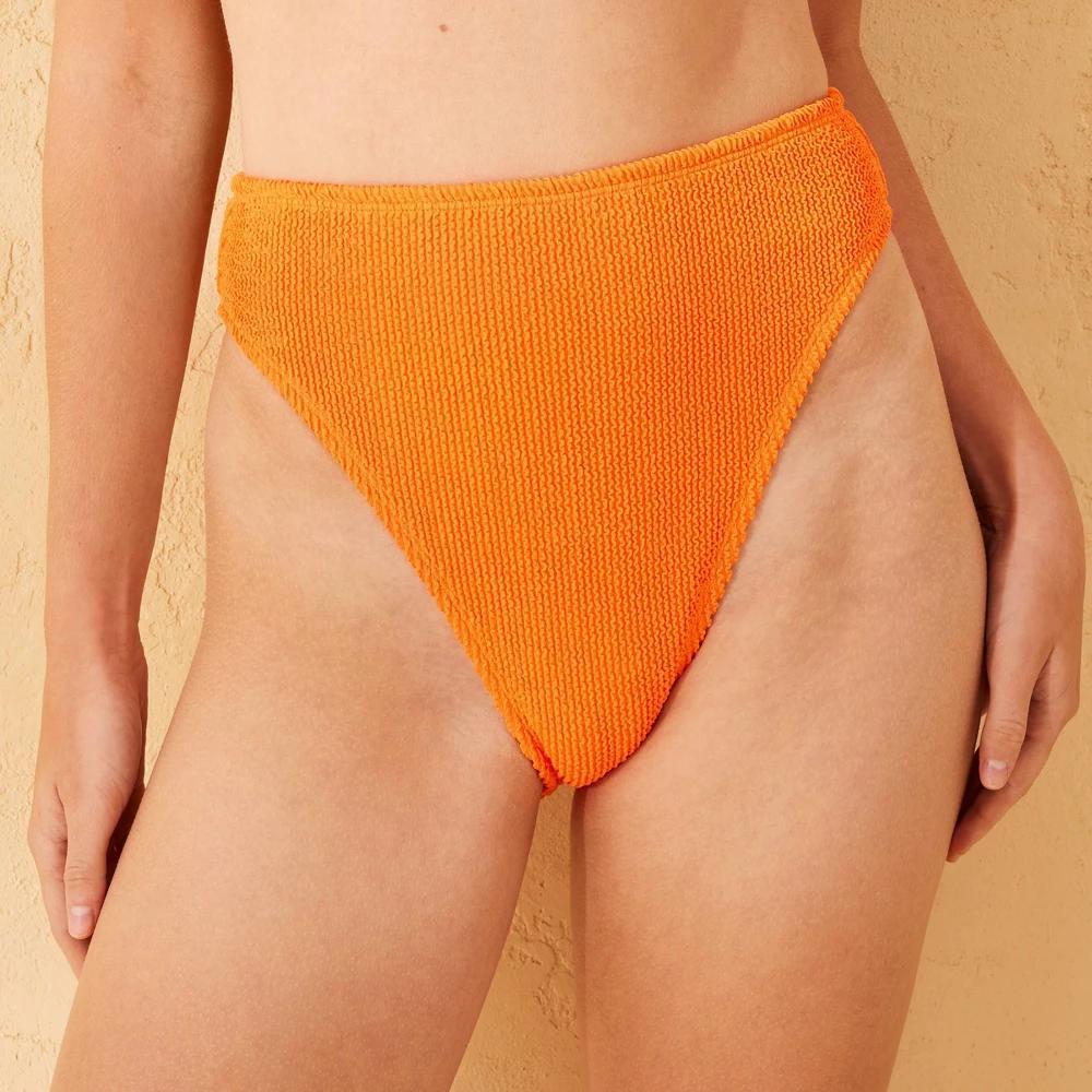 Womens Pucker Textured High Waist Extra High Leg Extra Cheeky Bikini Bottom - Wild Fable Orange XXS Product Image