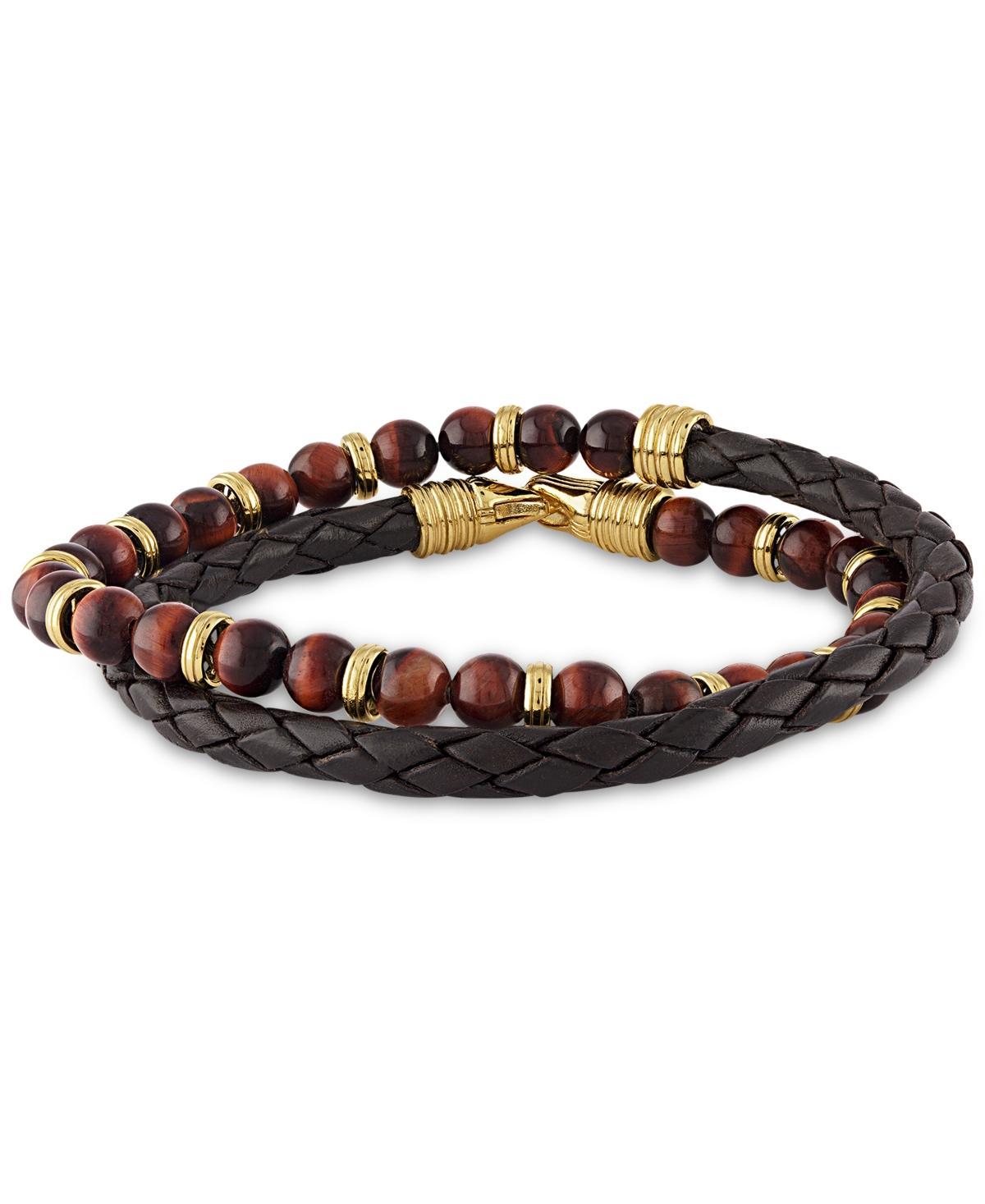 Esquire Men's Jewelry Men's Goldplated Sterling Silver, Leather & Tiger Eye Wrap Bracelet  - male - Size: one-size Product Image