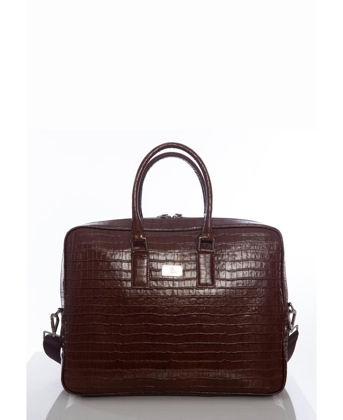 Mens Genuine Leather Laptop Bag & Briefcase, Crocodile Emboss - Dark brown Product Image