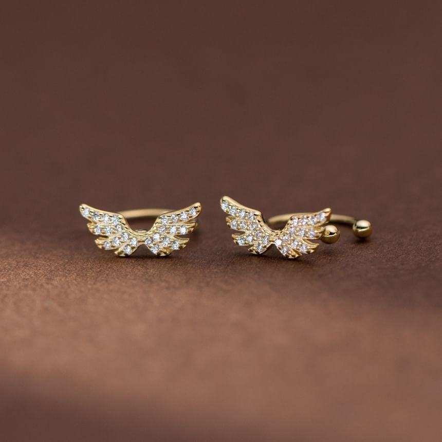 925 Sterling Silver Rhinestone Safety Pin / Wing Stud Earring / Ear Cuff Product Image