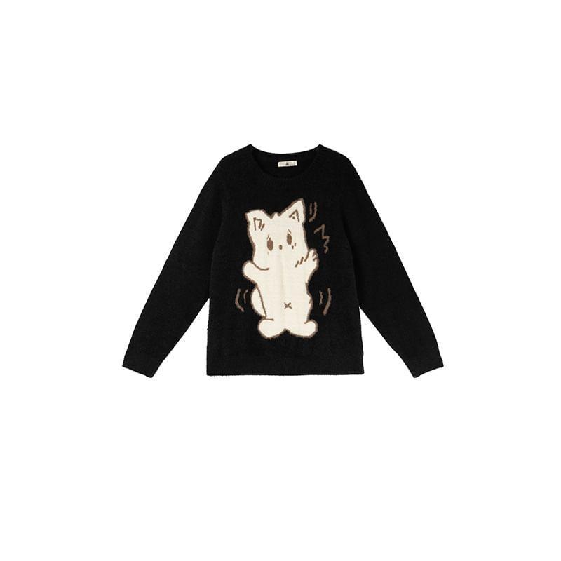 Plus Size Crewneck Cat Jacquard Sweater Product Image