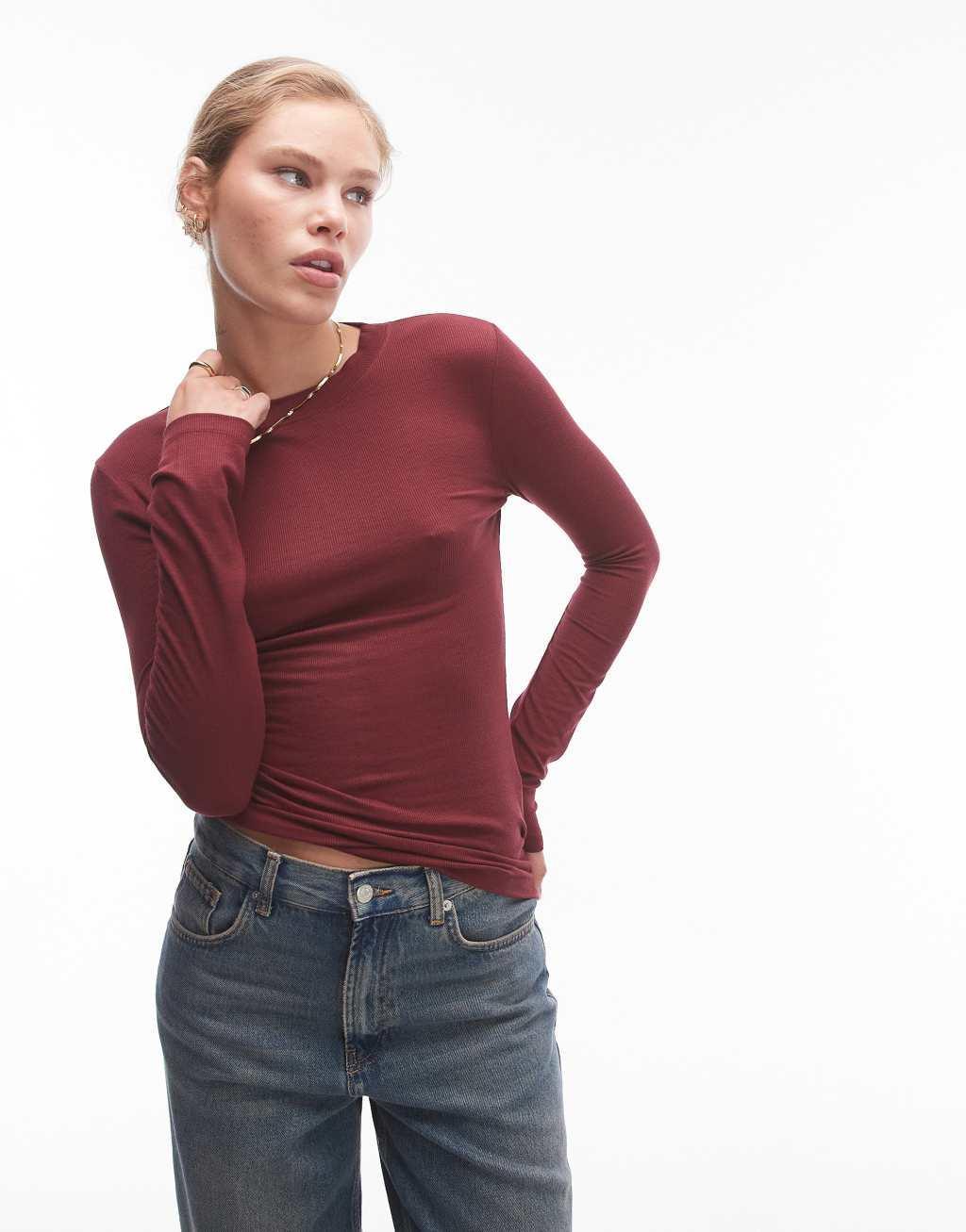 Topshop premium rib long sleeve top in burgundy Product Image