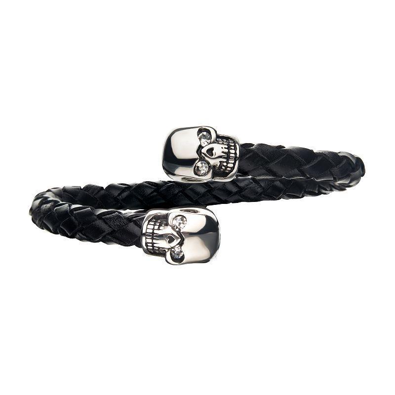 Mens Stainless Steel Skull End Black Leather Bracelet Product Image