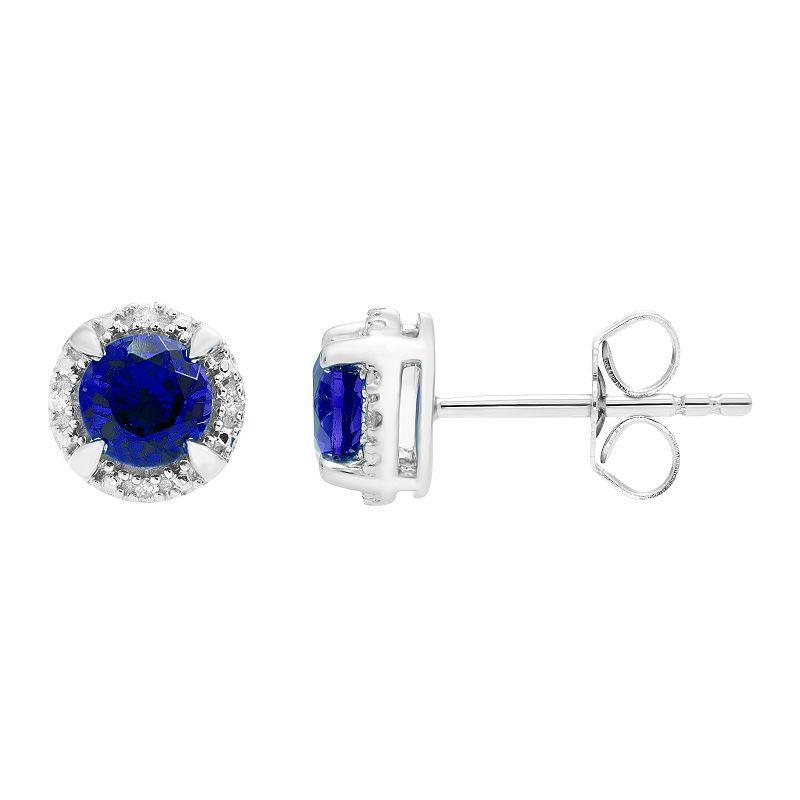 Boston Bay Diamonds Sterling Silver Diamond Accent & Lab-Grown Blue Sapphire Halo Stud Earrings, Womens Product Image