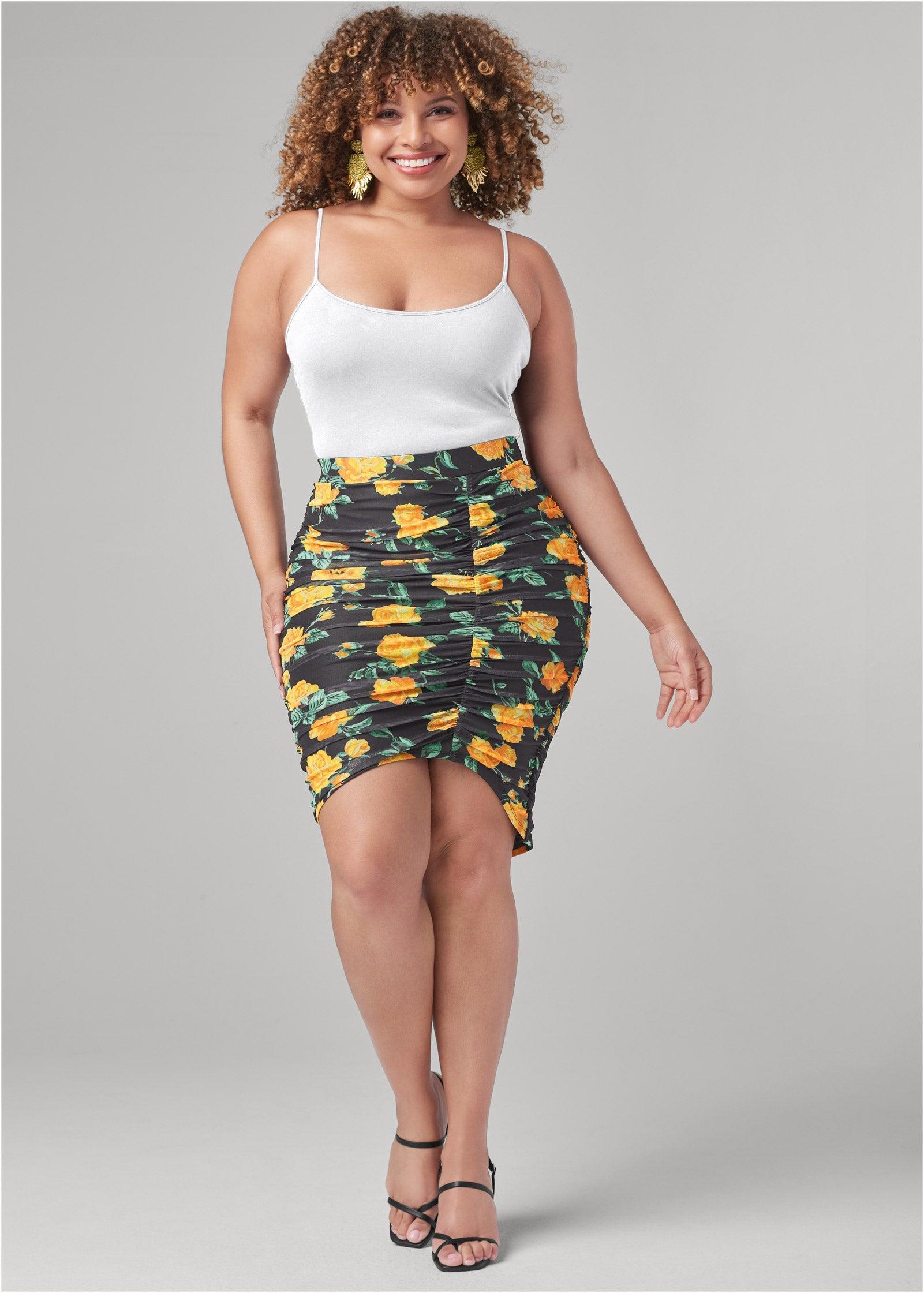 Floral Ruched Bodycon Skirt - Black Multi Product Image