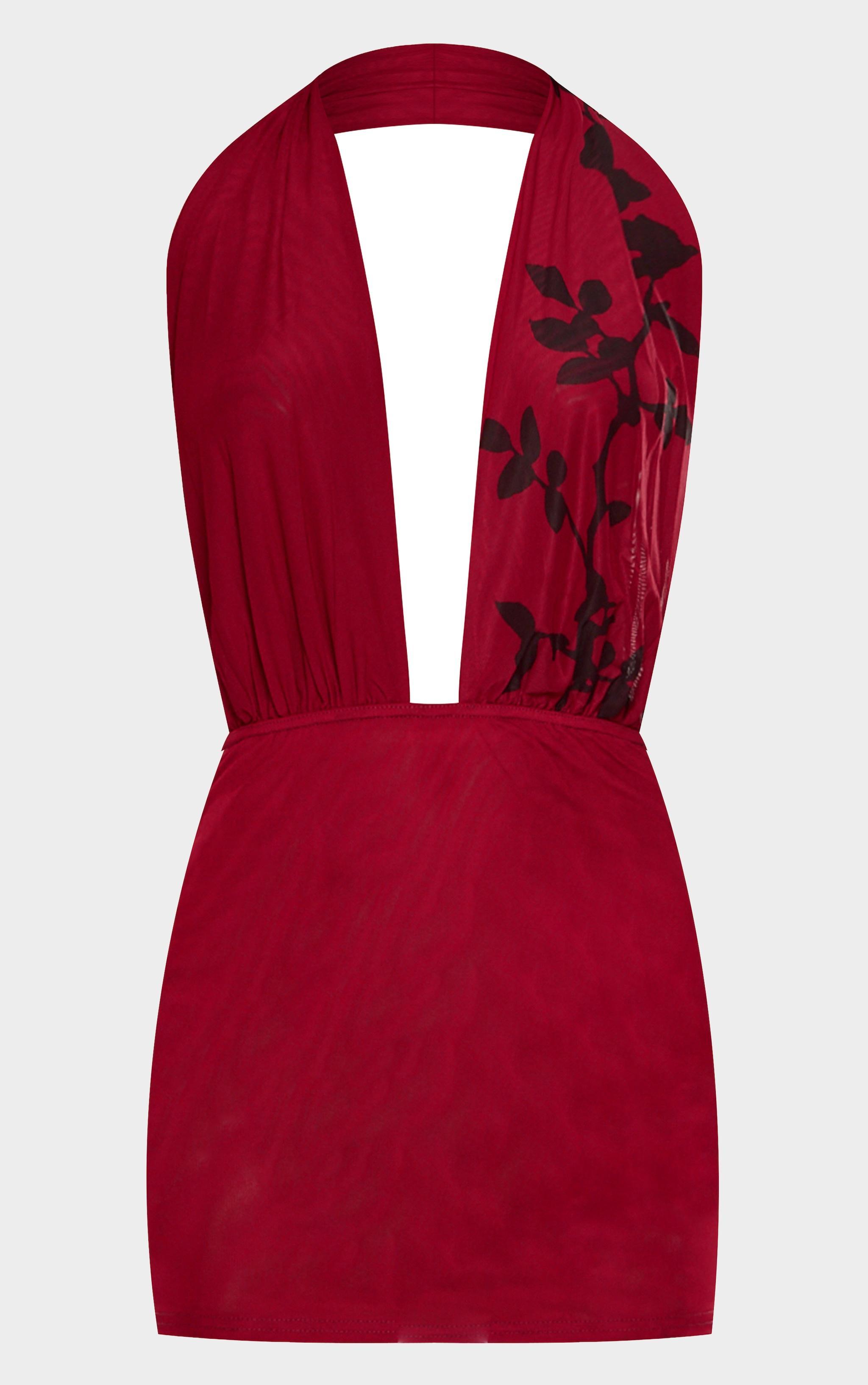 Burgundy Flower Printed Mesh Extreme Plunge Bodycon Dress Product Image