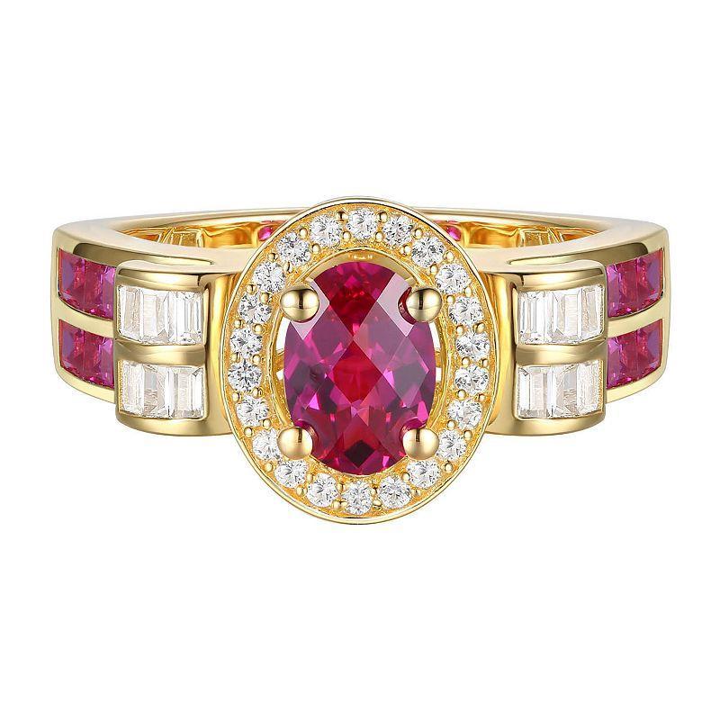 14k Gold Over Silver Lab-Created Ruby & Lab-Created White Sapphire Ruby Oval Halo Ring, Womens Gold Tone Product Image