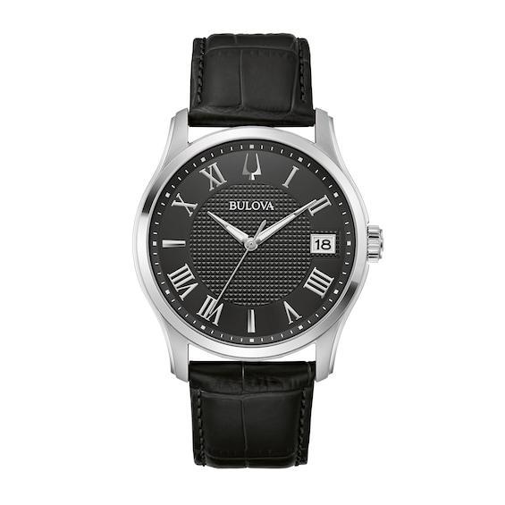 Men's Bulova Wilton Silvertone Watch with Black Leather Strap (Model: 96B390) Product Image