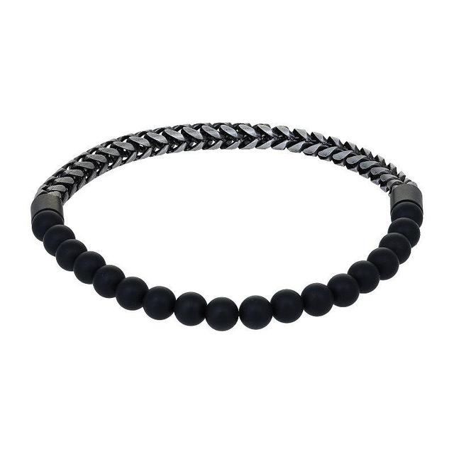 Mens LYNX Stainless Steel Gunmetal Grey & Black Agate Beads Bracelet Multicolor Product Image