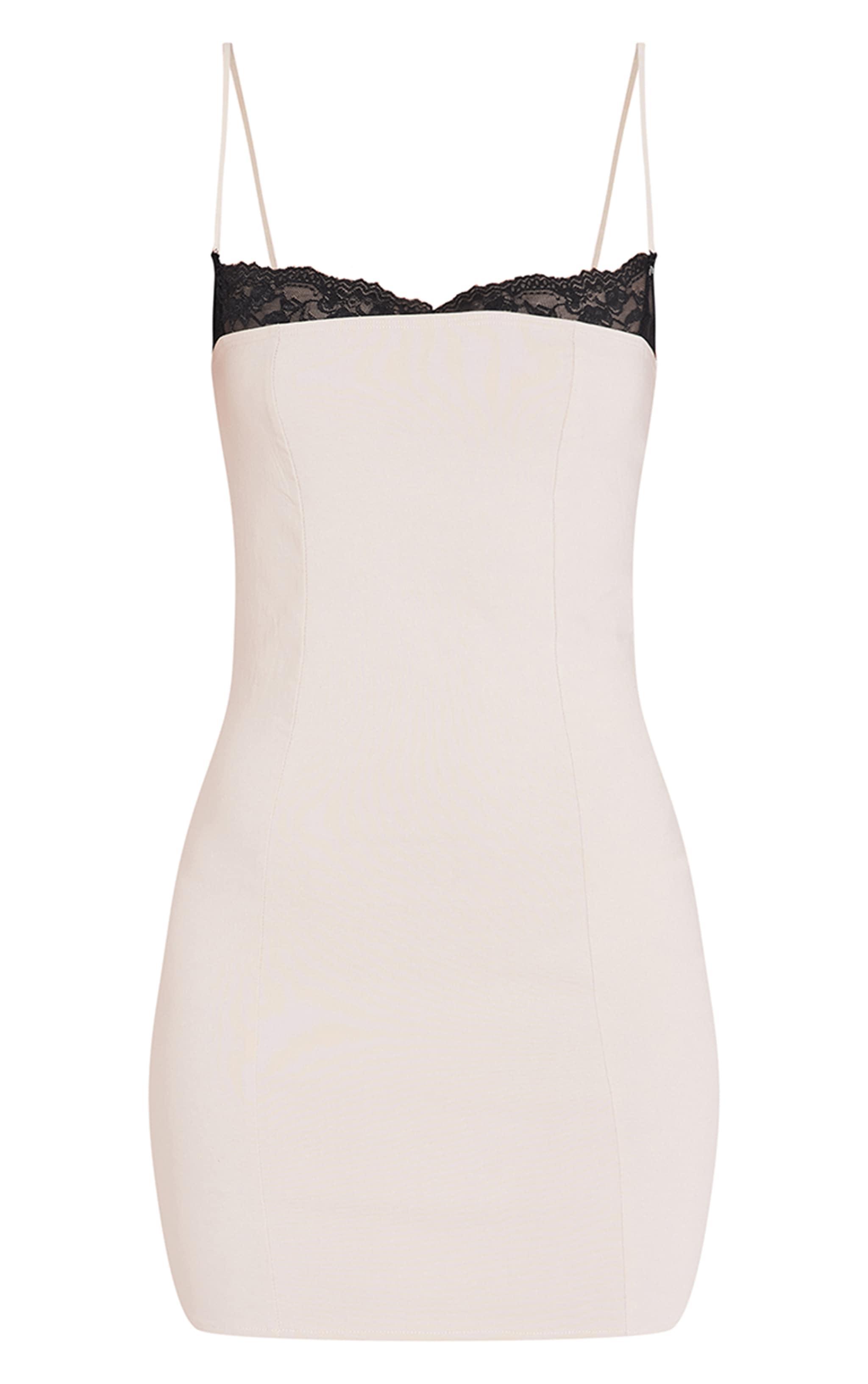 Cream Stretch Woven Lace Binding Bodycon Dress Product Image