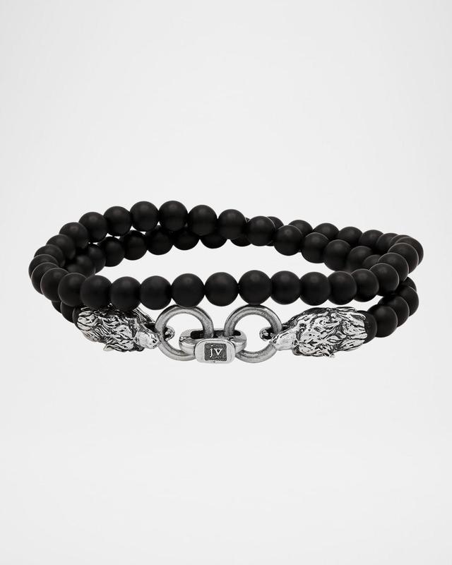 Men's Wolf-Clasp Sterling Silver and Black Onyx Beaded Bracelet Product Image