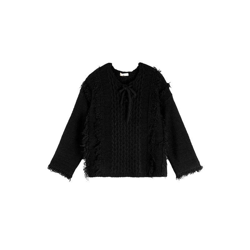 Plus Size V-Neck Ribbon Accent Cable Knit Plain Sweater Product Image