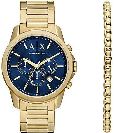 Armani Exchange Mens Banks Chronograph Gold-Tone Stainless Steel Bracelet Watch and Bracelet Set Product Image