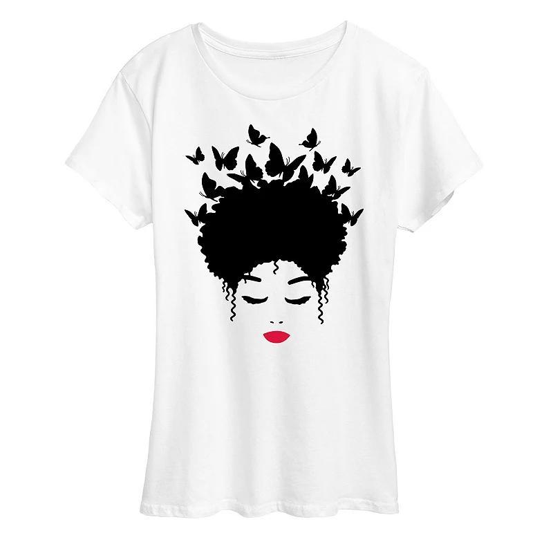 Plus Woman of Color Black Butterfly Hair Graphic Tee, Womens White Product Image