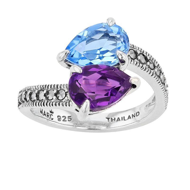 Lavish by TJM Sterling Silver Simulated Amethyst & Simulated Blue Quartz with Marcasite 2-stone Ring, Womens Product Image