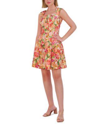 Women's Floral Pleated-Sleeve Square-Neck Dress Product Image