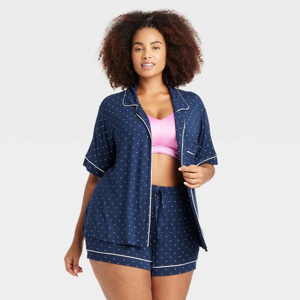 Womens Polka Dot Cloud Knit Short Sleeve Top and Shorts Pajama Set - Auden Navy Blue 2X Product Image