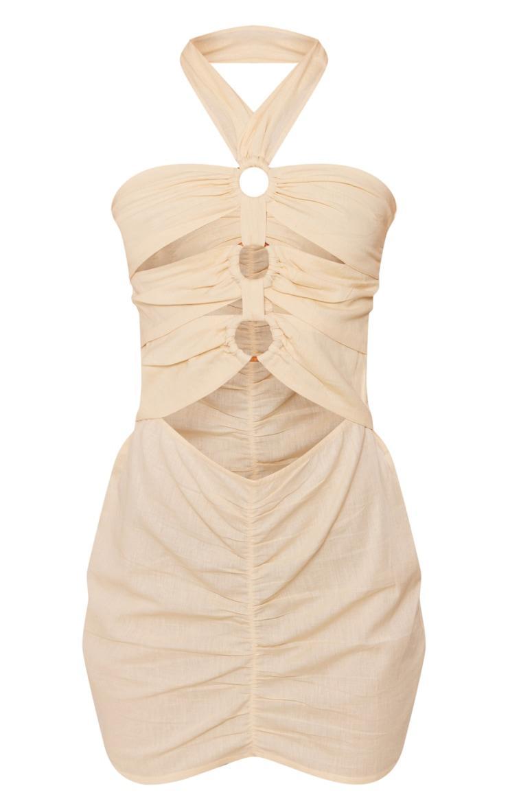 Cream Linen Look Cut Out Multi Ring Detail Halter Bodycon Dress Product Image