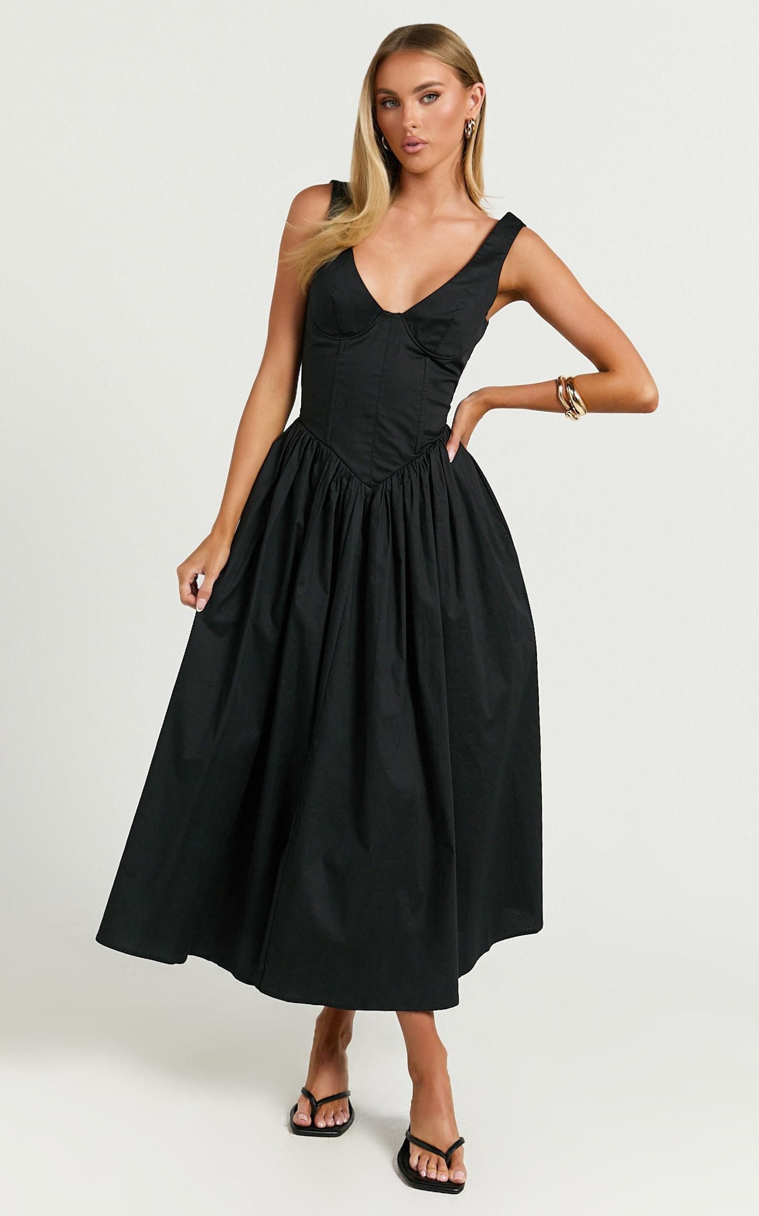 Beckett Midi Dress - Scoop Neck Drop V Waist Gathered Skirt Dress in Black Product Image