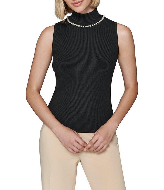 KARL LAGERFELD PARIS Knit Sleeveless Turtleneck Pearl Detail Top Product Image