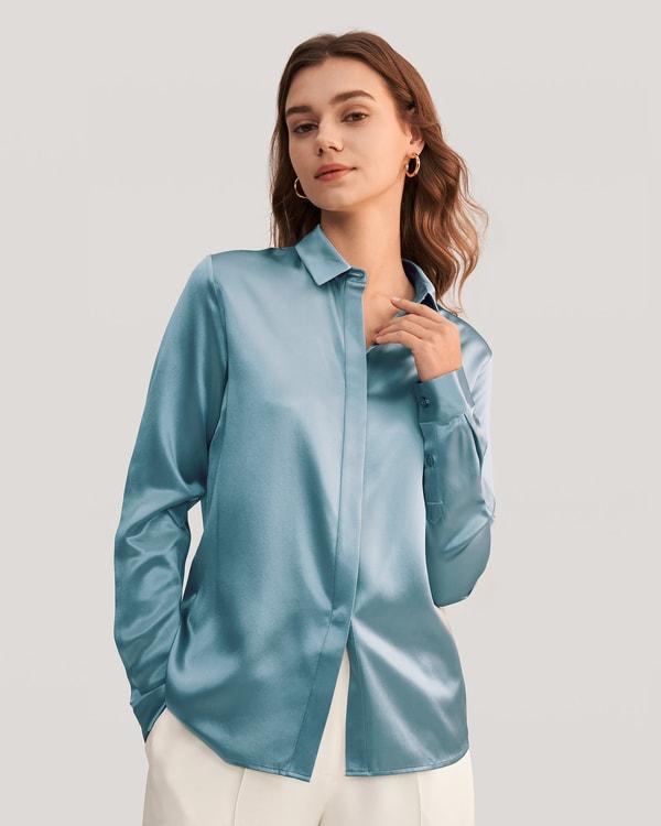 Basic Concealed Placket Silk Shirt Product Image