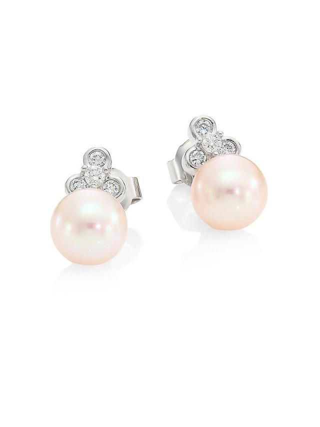 18K White Gold, Pearl & Diamond Stud Earrings Product Image