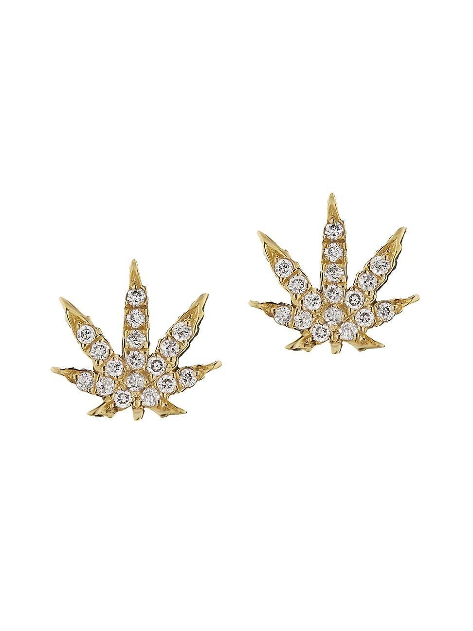 Womens 18K Yellow Gold & Diamond Cannabis Stud Earrings Product Image