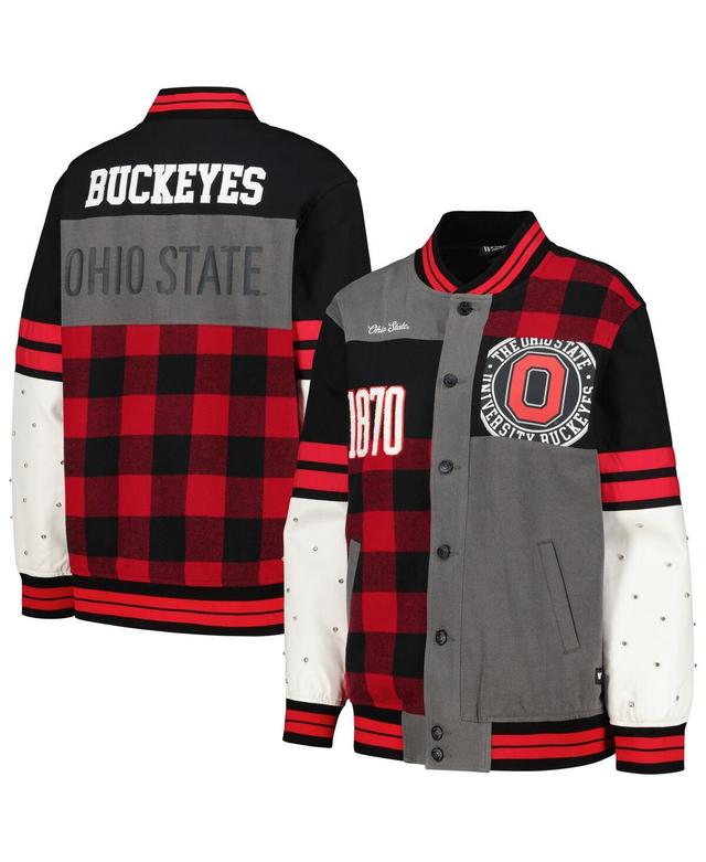 Womens The Wild Collective Black Distressed Ohio State Buckeyes Multi Vintage-Like Button-Up Bomber Jacket Product Image