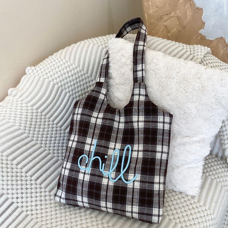 Plaid Lettering Embroidered Tote Bag Product Image