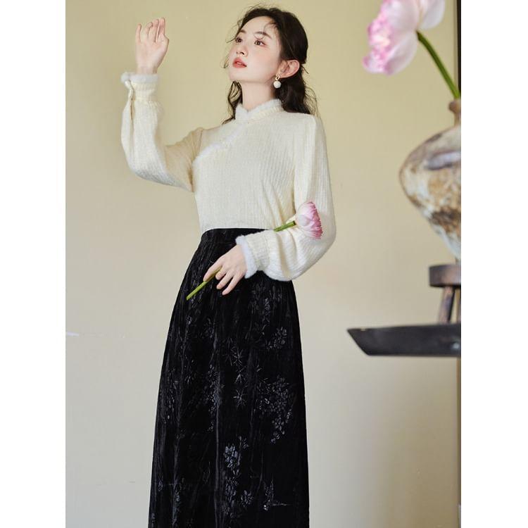 Set: Long-Sleeve Stand Collar Fluffy Trim Frog Buttoned Lace Blouse + High Rise Jacquard Velvet Midi A-Line Skirt Product Image