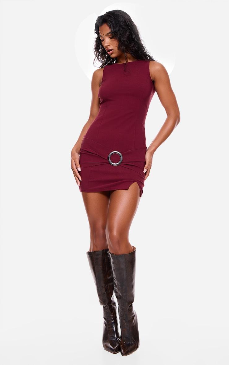 Wine Wrap Belt Detail Bodycon Dress Product Image