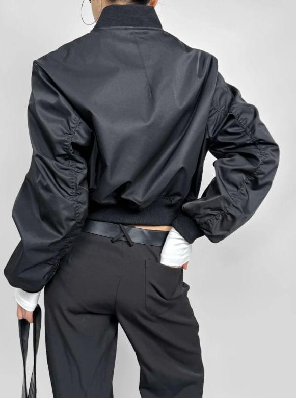 Plain Zip-Up Crop Bomber Jacket Product Image