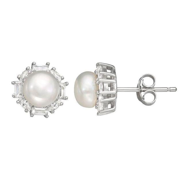 Sterling Silver Freshwater Cultured Pearl & Cubic Zirconia Stud Earrings, Womens, White Product Image