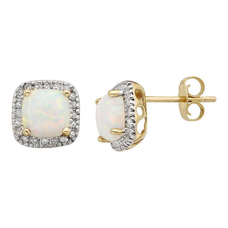 Lab-Created Opal and 1/6 Carat T.W. Diamond 10K Gold Halo Button Stud Earrings, Womens, Multicolor Product Image