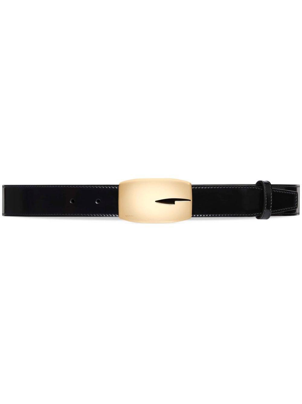 Rectangular G Buckle Leather Belt In Black Product Image