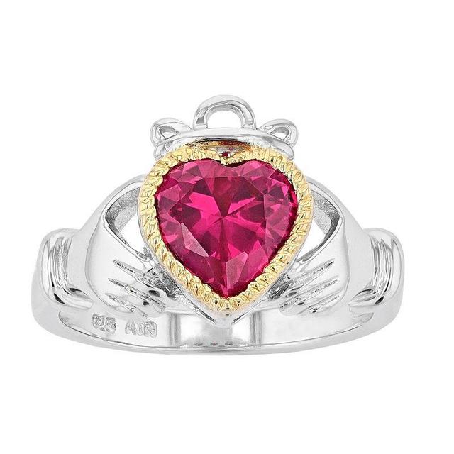 Rosabella Two Tone Sterling Silver Lab-Created Ruby Claddagh Ring, Womens Product Image