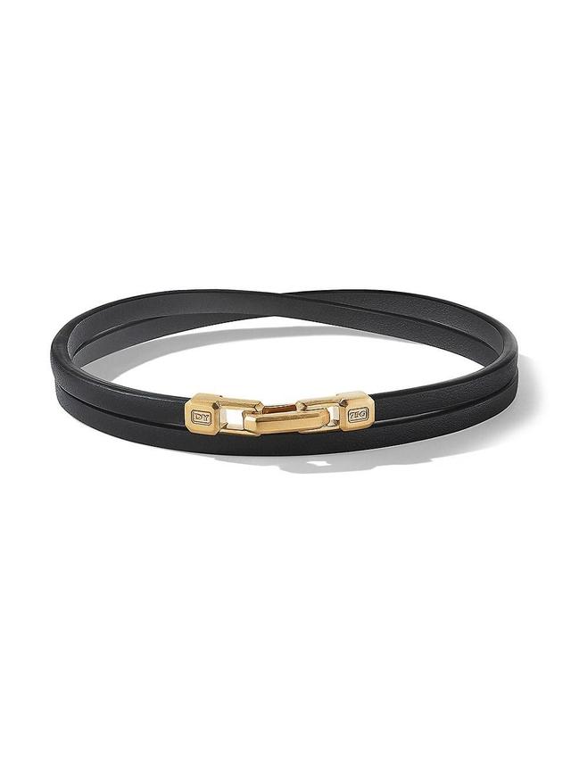 Mens Streamline Double Wrap Black Leather Bracelet with 18K Yellow Gold Product Image