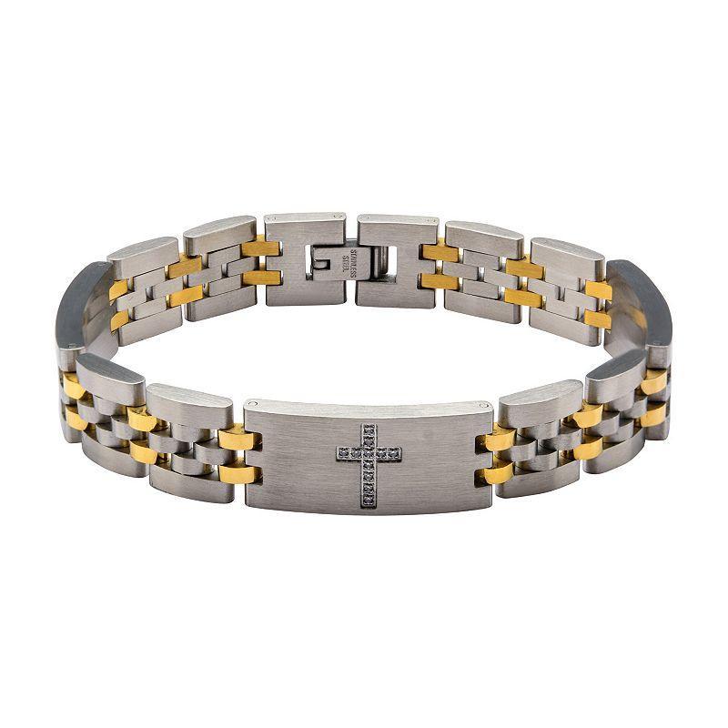 Mens Two-Tone Stainless Steel Cubic Zirconia Link Bracelet Multicolor Product Image