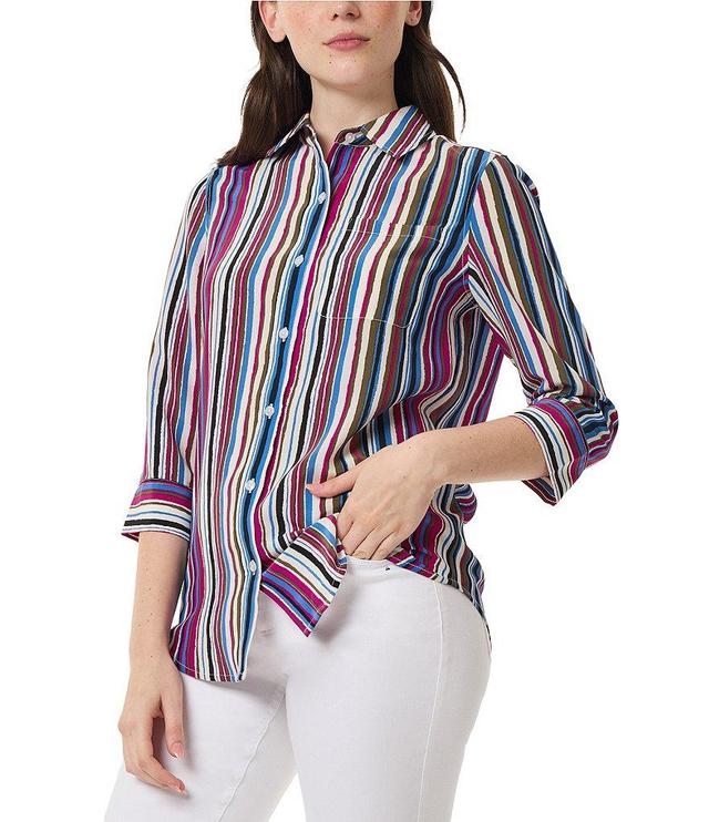 Jones New York Stripe Collared Neckline Long Sleeve Button Front Shirt Product Image