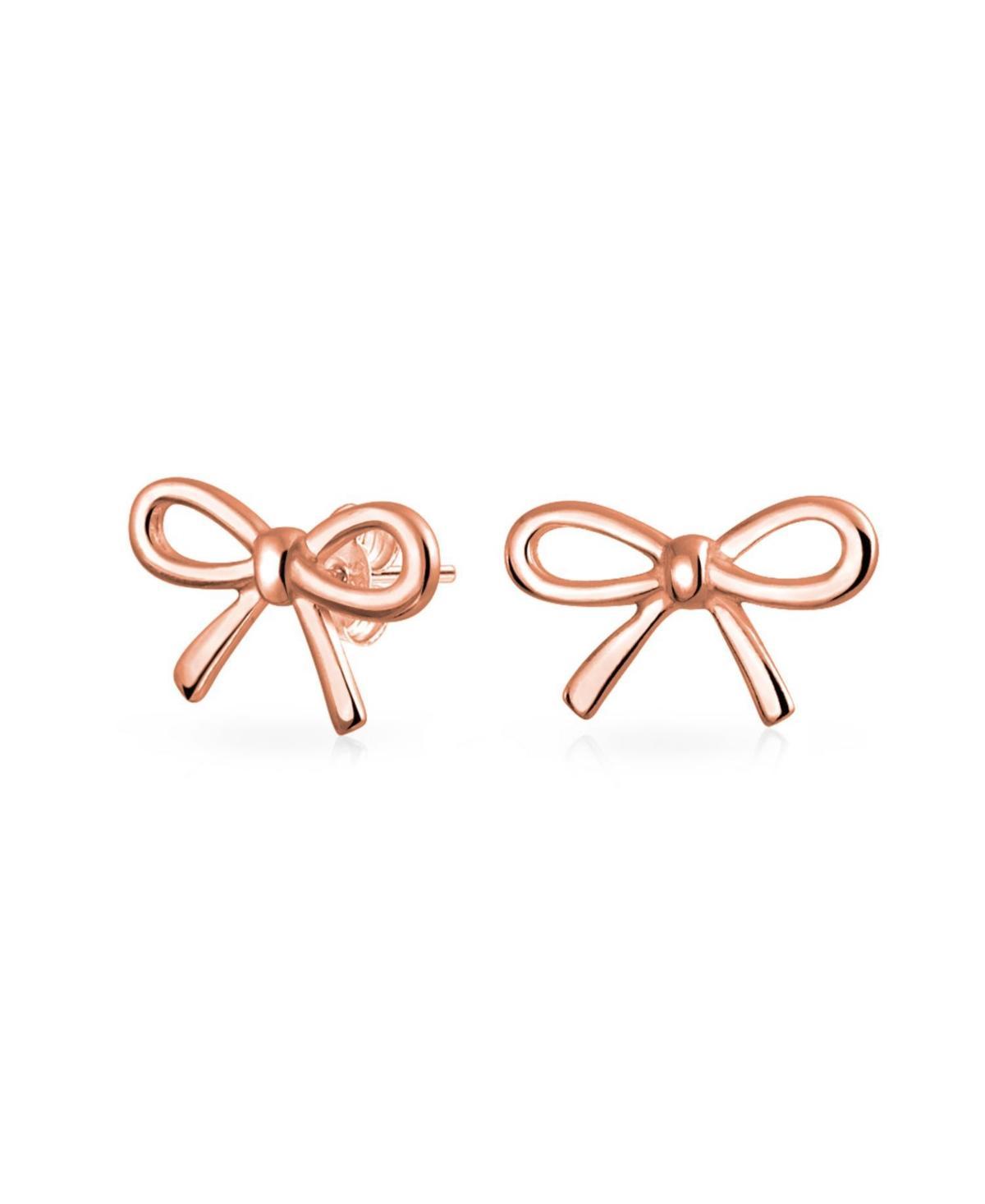 Bling Jewelry Delicate Simple Dainty Ribbon Birthday Present Bow Stud Earrings For Women Rose Gold Plated .925 Sterling Silver Product Image