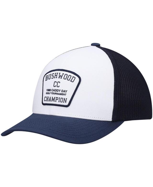 Mens TravisMathew White/Navy Presidential Suite Trucker Snapback Hat Product Image