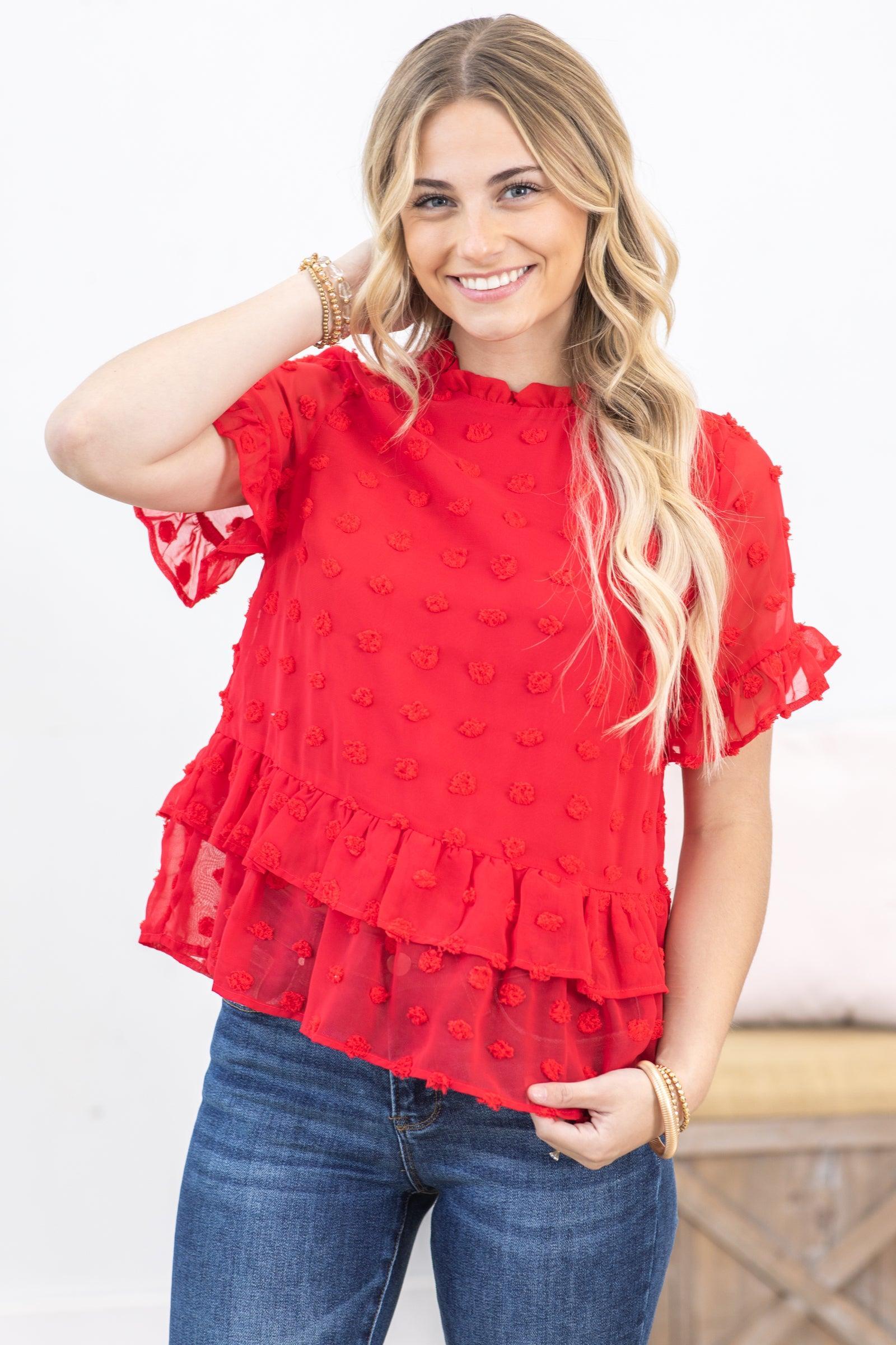 Red Swiss Dot Babydoll Woven Top Product Image