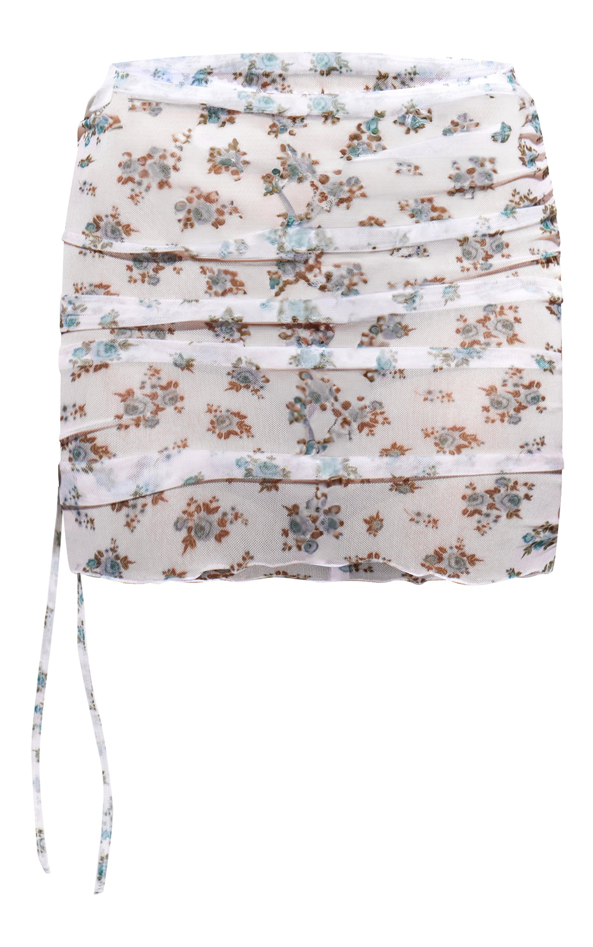 White Ditsy Floral Ruched Mesh Mini Beach Skirt Product Image