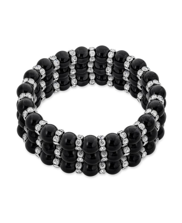 Set of 3 Black Ball Bead Stackable Strand Stretch Bracelet For Women White Crystal Rondelle Spacer Silver Plated Brass Product Image