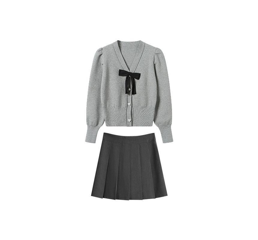 V-Neck Plain Bow Button-Up Cardigan / High Rise Plain Pleated Mini A-Line Skirt Product Image