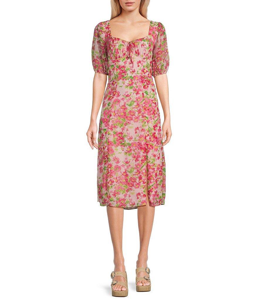 B. Darlin Short Puff Sleeve Sweetheart Floral Midi Dress Product Image